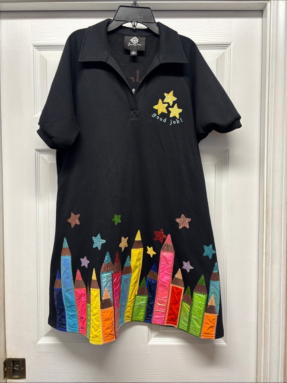 Brianna Cannon Sequin Pencil & Star Border Teacher Dress Black & Multi Color S